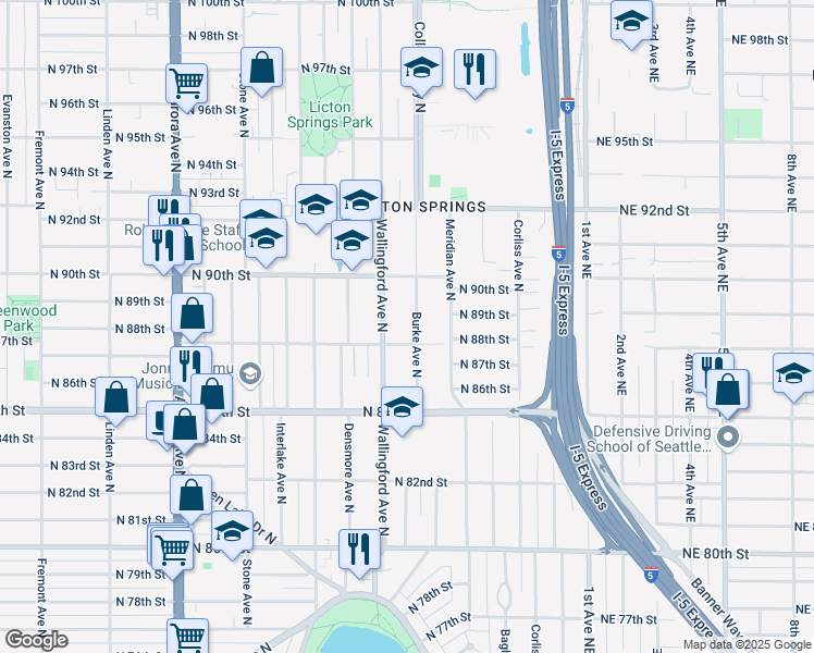 map of restaurants, bars, coffee shops, grocery stores, and more near 8803 Burke Avenue North in Seattle