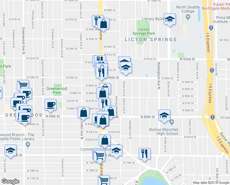 map of restaurants, bars, coffee shops, grocery stores, and more near 8800 Nesbit Avenue North in Seattle