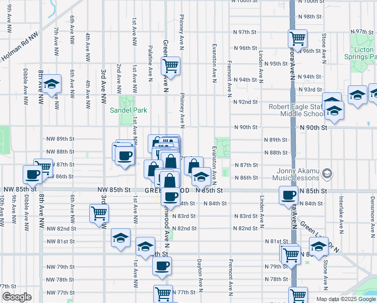 map of restaurants, bars, coffee shops, grocery stores, and more near in Seattle