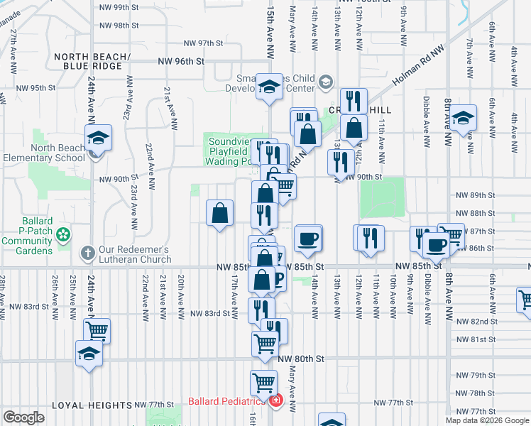 map of restaurants, bars, coffee shops, grocery stores, and more near 1514 Northwest 87th Street in Seattle