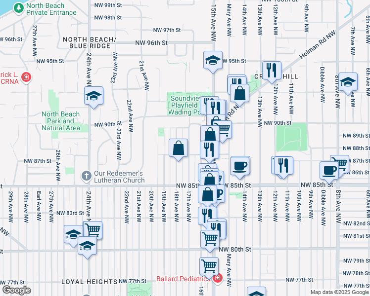 map of restaurants, bars, coffee shops, grocery stores, and more near in Seattle