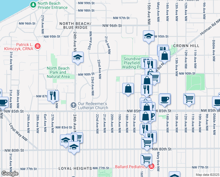 map of restaurants, bars, coffee shops, grocery stores, and more near 8700 20th Avenue Northwest in Seattle