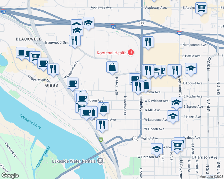 map of restaurants, bars, coffee shops, grocery stores, and more near 915 Emma Avenue in Coeur d'Alene