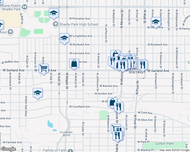 map of restaurants, bars, coffee shops, grocery stores, and more near 1211 West Providence Avenue in Spokane