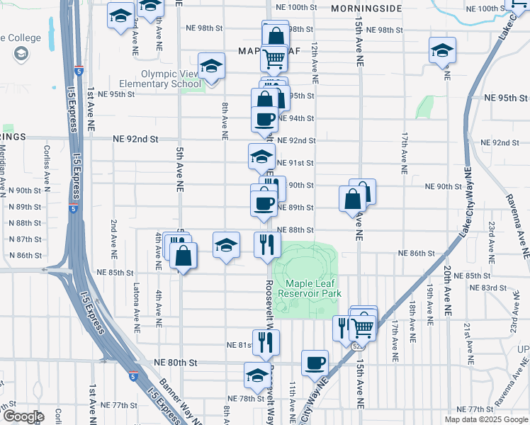 map of restaurants, bars, coffee shops, grocery stores, and more near 8806 Roosevelt Way Northeast in Seattle