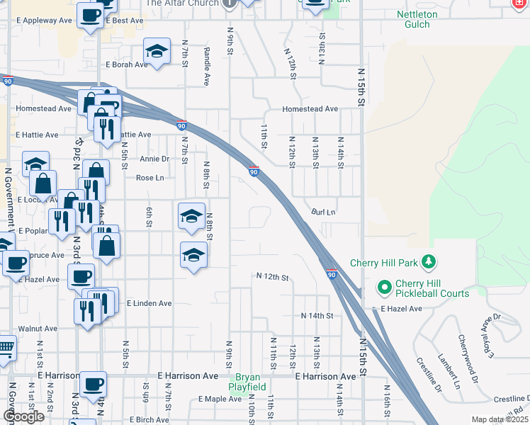 map of restaurants, bars, coffee shops, grocery stores, and more near 1018 Woolsey Drive in Coeur d'Alene