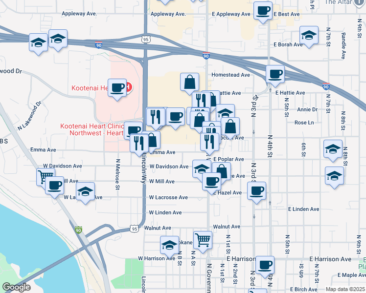 map of restaurants, bars, coffee shops, grocery stores, and more near 306 Emma Avenue in Coeur d'Alene