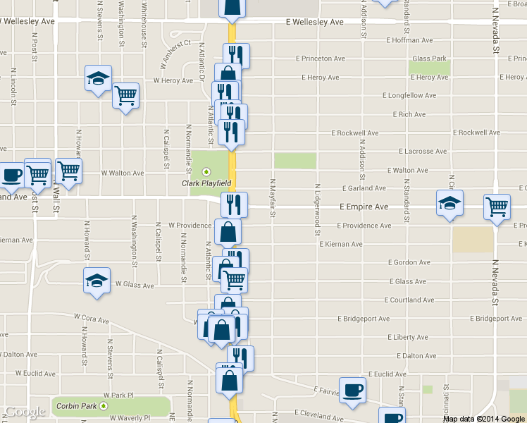 map of restaurants, bars, coffee shops, grocery stores, and more near 35 East Providence Avenue in Spokane