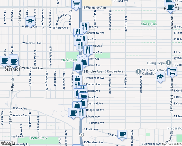 map of restaurants, bars, coffee shops, grocery stores, and more near 35 East Providence Avenue in Spokane