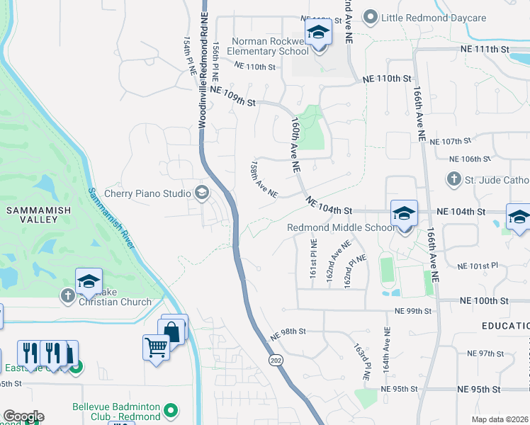 map of restaurants, bars, coffee shops, grocery stores, and more near 15715 Northeast 105th Court in Redmond