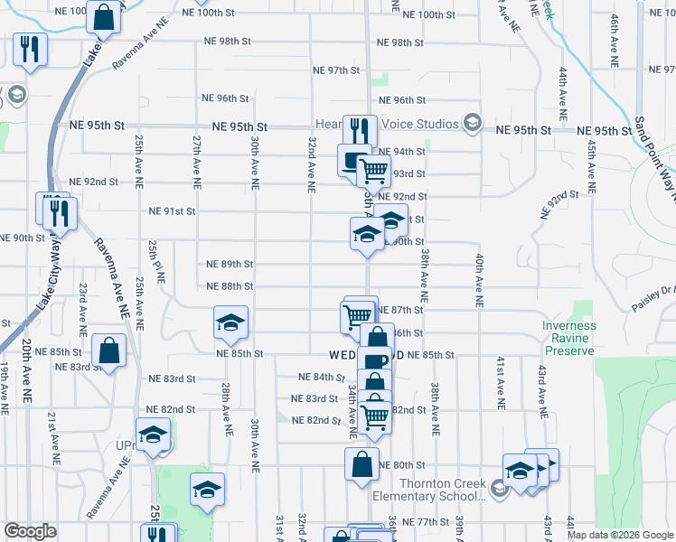 map of restaurants, bars, coffee shops, grocery stores, and more near 3234 Northeast 88th Street in Seattle