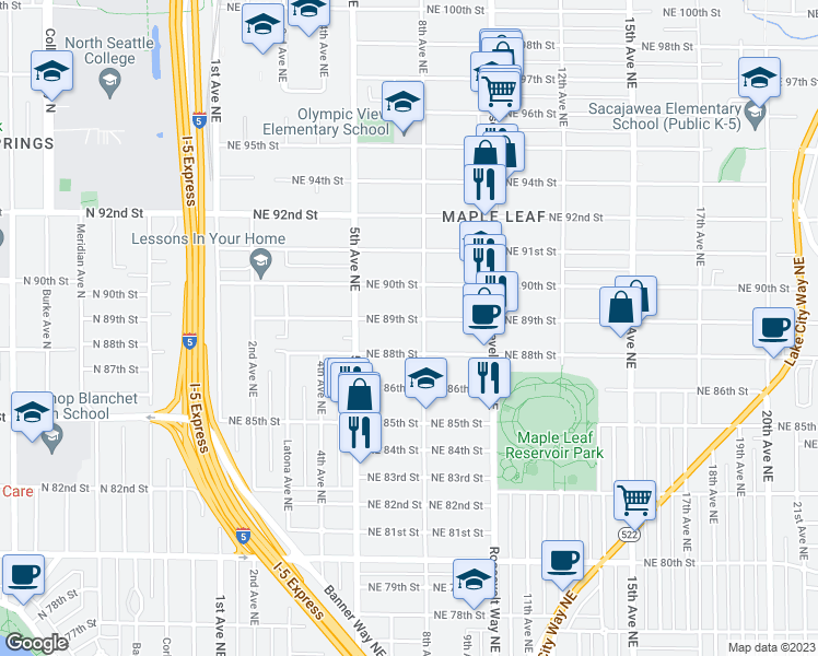map of restaurants, bars, coffee shops, grocery stores, and more near 8807 8th Avenue Northeast in Seattle