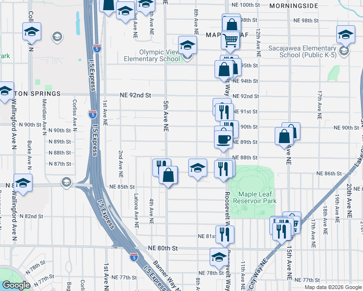 map of restaurants, bars, coffee shops, grocery stores, and more near 522 Northeast 88th Street in Seattle