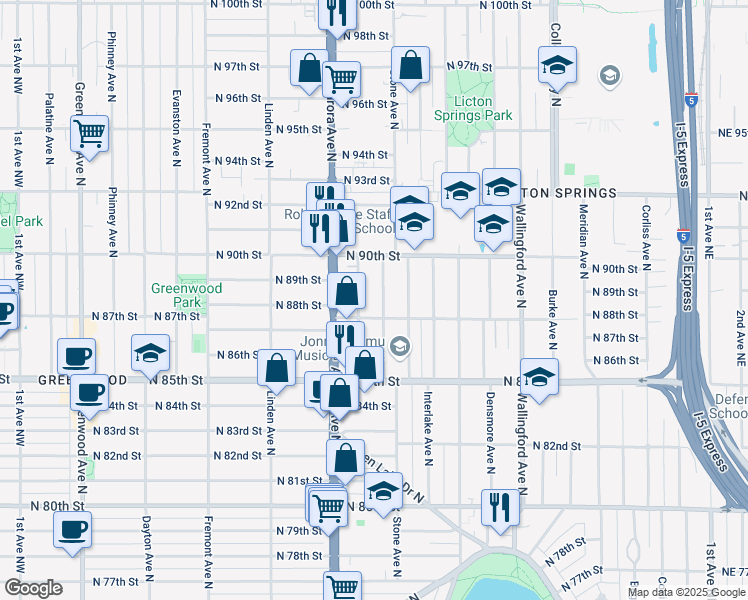 map of restaurants, bars, coffee shops, grocery stores, and more near 8800 Nesbit Avenue North in Seattle