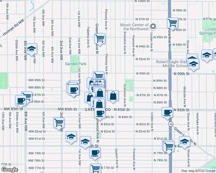 map of restaurants, bars, coffee shops, grocery stores, and more near in Seattle
