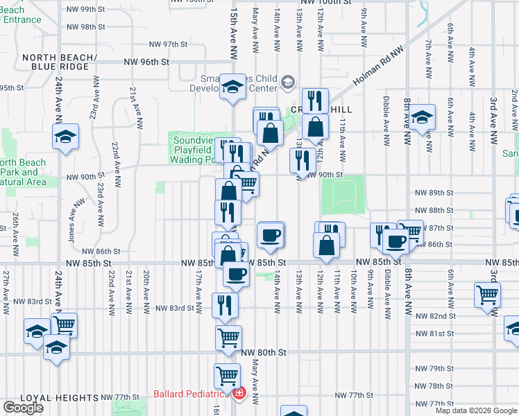 map of restaurants, bars, coffee shops, grocery stores, and more near 8705 14th Avenue Northwest in Seattle