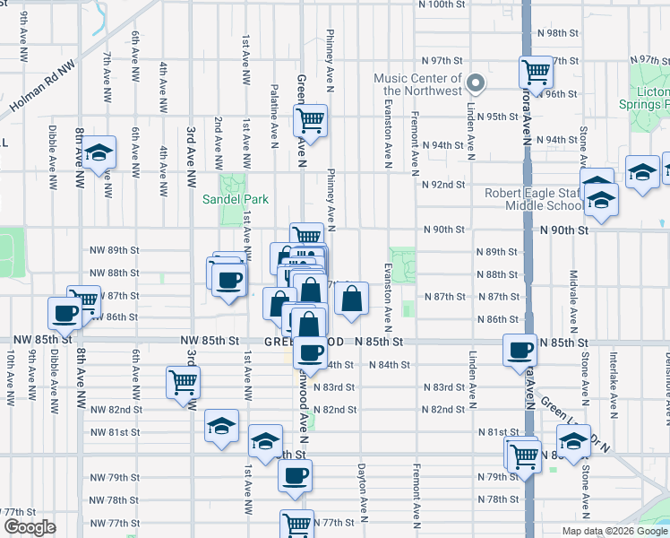 map of restaurants, bars, coffee shops, grocery stores, and more near in Seattle