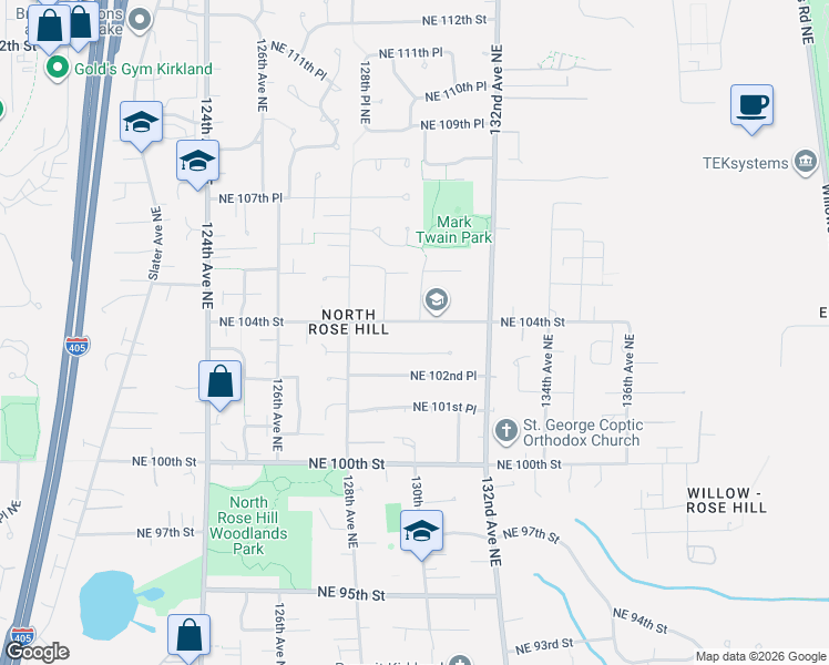 map of restaurants, bars, coffee shops, grocery stores, and more near 12861 Northeast 104th Street in Kirkland