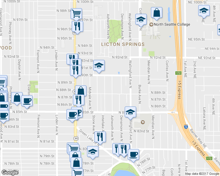 map of restaurants, bars, coffee shops, grocery stores, and more near 8819 Ashworth Avenue North in Seattle