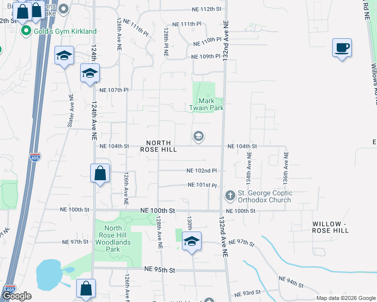 map of restaurants, bars, coffee shops, grocery stores, and more near 12861 Northeast 104th Street in Kirkland