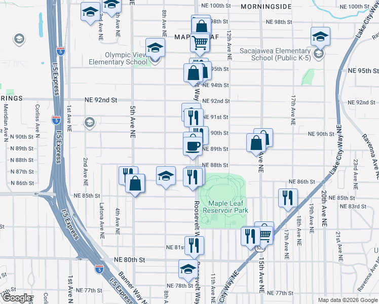map of restaurants, bars, coffee shops, grocery stores, and more near 8806 Roosevelt Way Northeast in Seattle