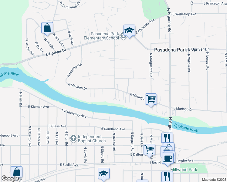 map of restaurants, bars, coffee shops, grocery stores, and more near 8422 East Maringo Drive in Spokane