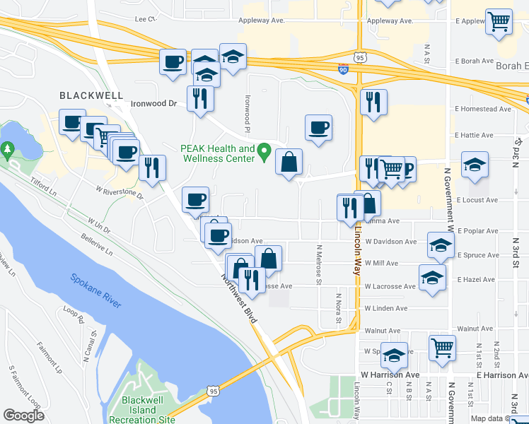 map of restaurants, bars, coffee shops, grocery stores, and more near 927 West Emma Avenue in Coeur d'Alene