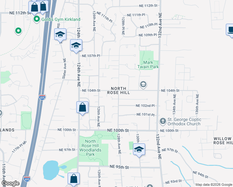 map of restaurants, bars, coffee shops, grocery stores, and more near 12657 Northeast 104th Street in Kirkland
