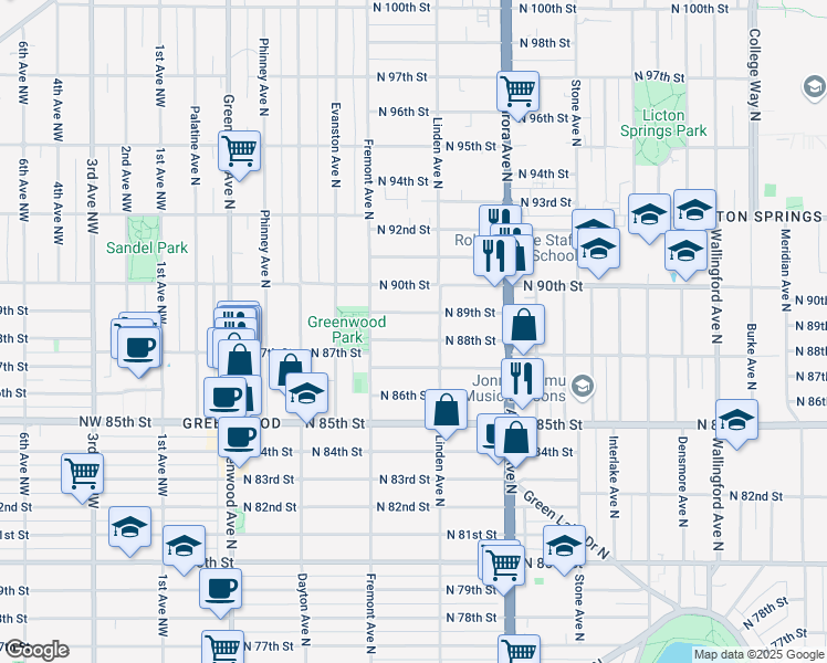 map of restaurants, bars, coffee shops, grocery stores, and more near 725 North 88th Street in Seattle