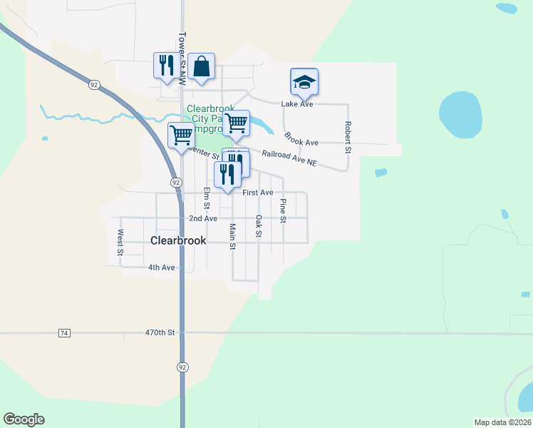 map of restaurants, bars, coffee shops, grocery stores, and more near 210 Oak Street in Clearbrook