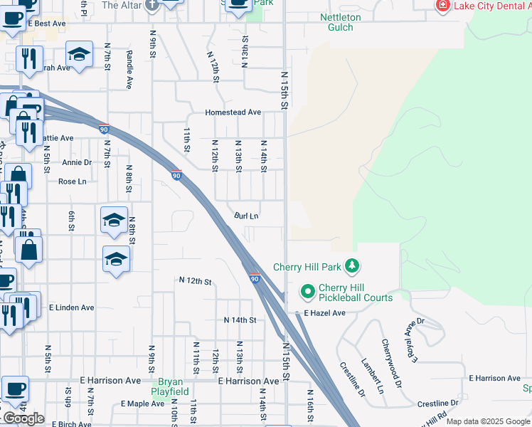 map of restaurants, bars, coffee shops, grocery stores, and more near 1735 North 15th Street in Coeur d'Alene