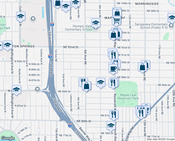 map of restaurants, bars, coffee shops, grocery stores, and more near 522 Northeast 88th Street in Seattle