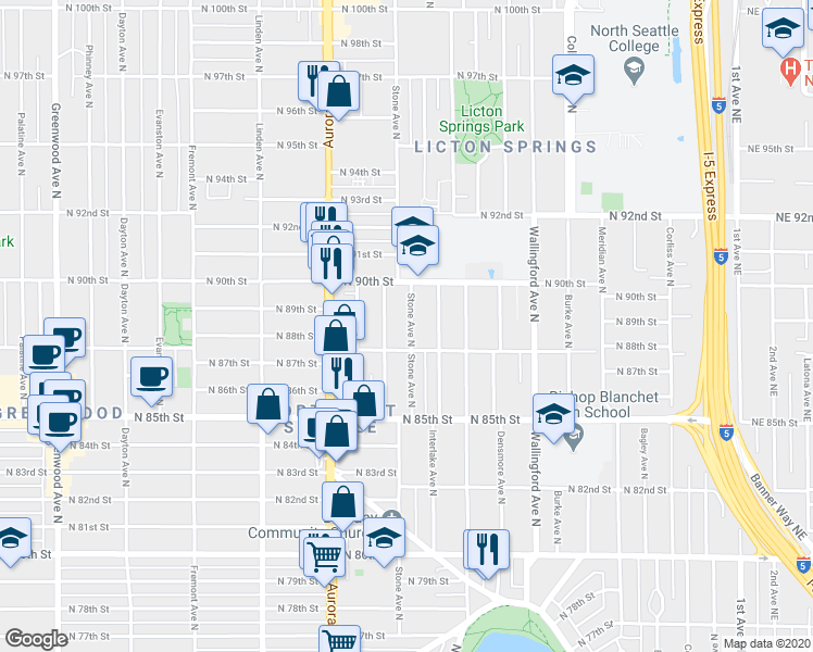 map of restaurants, bars, coffee shops, grocery stores, and more near 1222 North 88th Street in Seattle