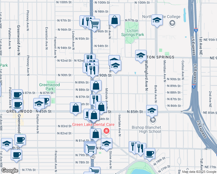 map of restaurants, bars, coffee shops, grocery stores, and more near 1222 North 88th Street in Seattle