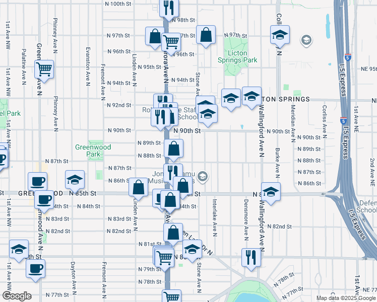 map of restaurants, bars, coffee shops, grocery stores, and more near 8800 Nesbit Avenue North in Seattle