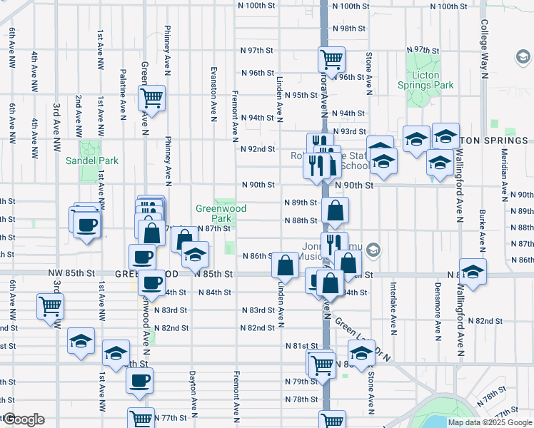 map of restaurants, bars, coffee shops, grocery stores, and more near in Seattle