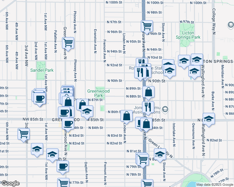 map of restaurants, bars, coffee shops, grocery stores, and more near 725 North 88th Street in Seattle
