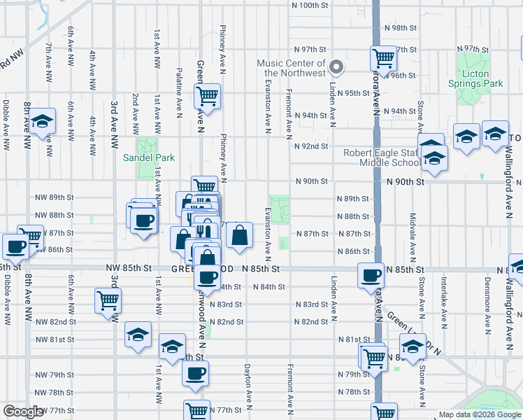 map of restaurants, bars, coffee shops, grocery stores, and more near 510 North 87th Street in Seattle