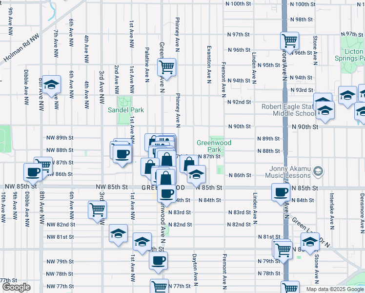 map of restaurants, bars, coffee shops, grocery stores, and more near in Seattle
