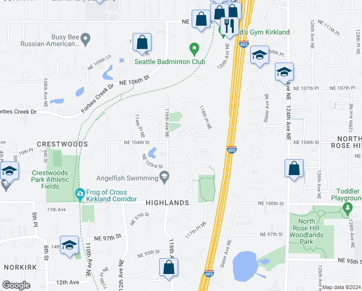 map of restaurants, bars, coffee shops, grocery stores, and more near 11630 Northeast 103rd Place in Kirkland