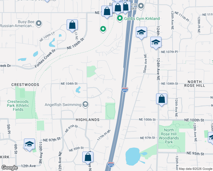 map of restaurants, bars, coffee shops, grocery stores, and more near 11814 Northeast 103rd Place in Kirkland