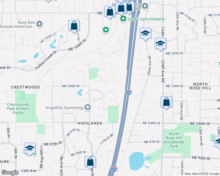 map of restaurants, bars, coffee shops, grocery stores, and more near 11814 Northeast 103rd Place in Kirkland