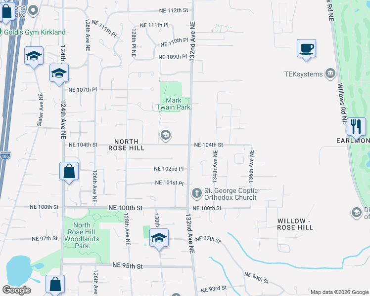 map of restaurants, bars, coffee shops, grocery stores, and more near 13121 Northeast 104th Street in Kirkland