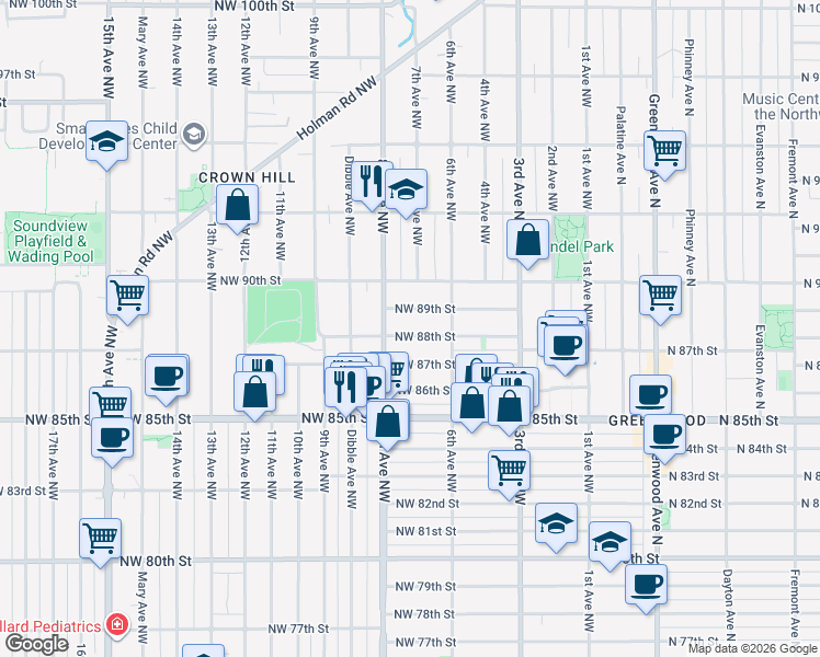 map of restaurants, bars, coffee shops, grocery stores, and more near 647 Northwest 88th Street in Seattle