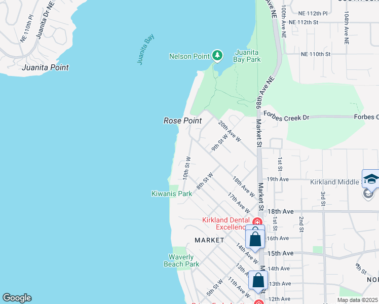 map of restaurants, bars, coffee shops, grocery stores, and more near 1658 10th Street West in Kirkland