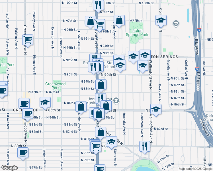 map of restaurants, bars, coffee shops, grocery stores, and more near 8800 Nesbit Avenue North in Seattle