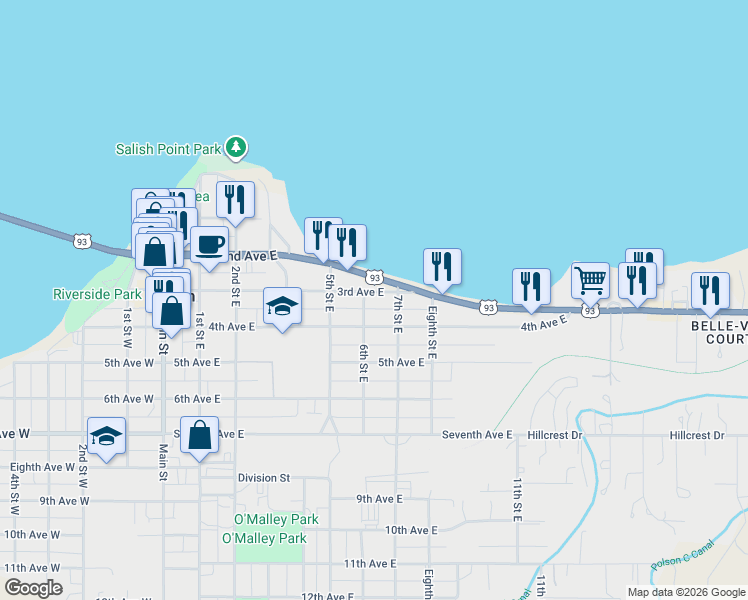map of restaurants, bars, coffee shops, grocery stores, and more near 601-605 4th Avenue East in Polson