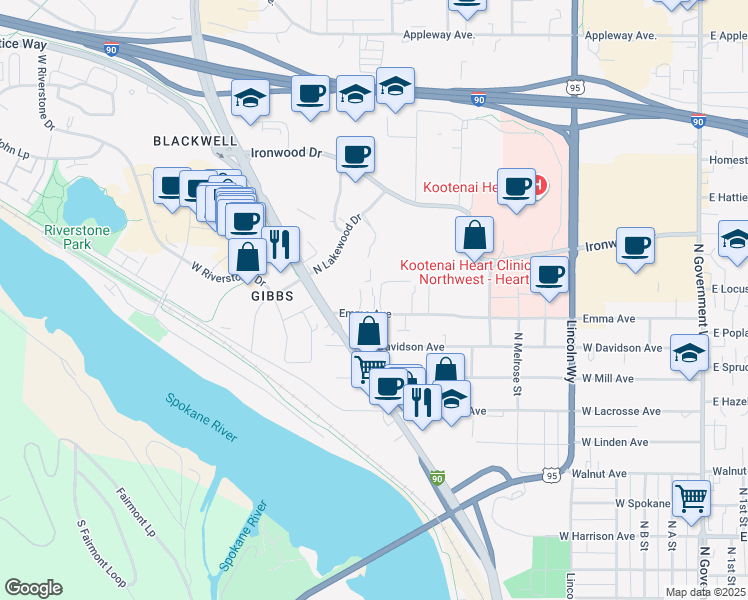 map of restaurants, bars, coffee shops, grocery stores, and more near 1102 West Davidson Avenue in Coeur d'Alene