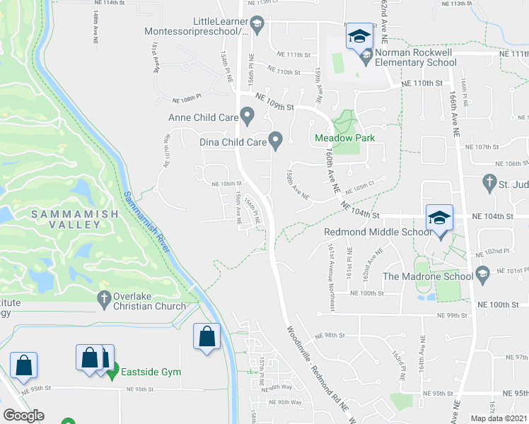 map of restaurants, bars, coffee shops, grocery stores, and more near 10260 157th Place Northeast in Redmond