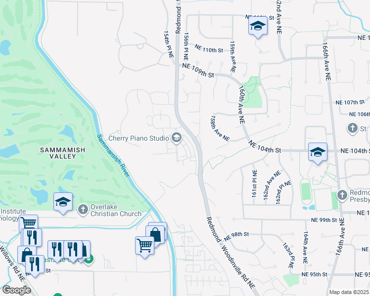 map of restaurants, bars, coffee shops, grocery stores, and more near 101 Northeast 103rd Court in Redmond